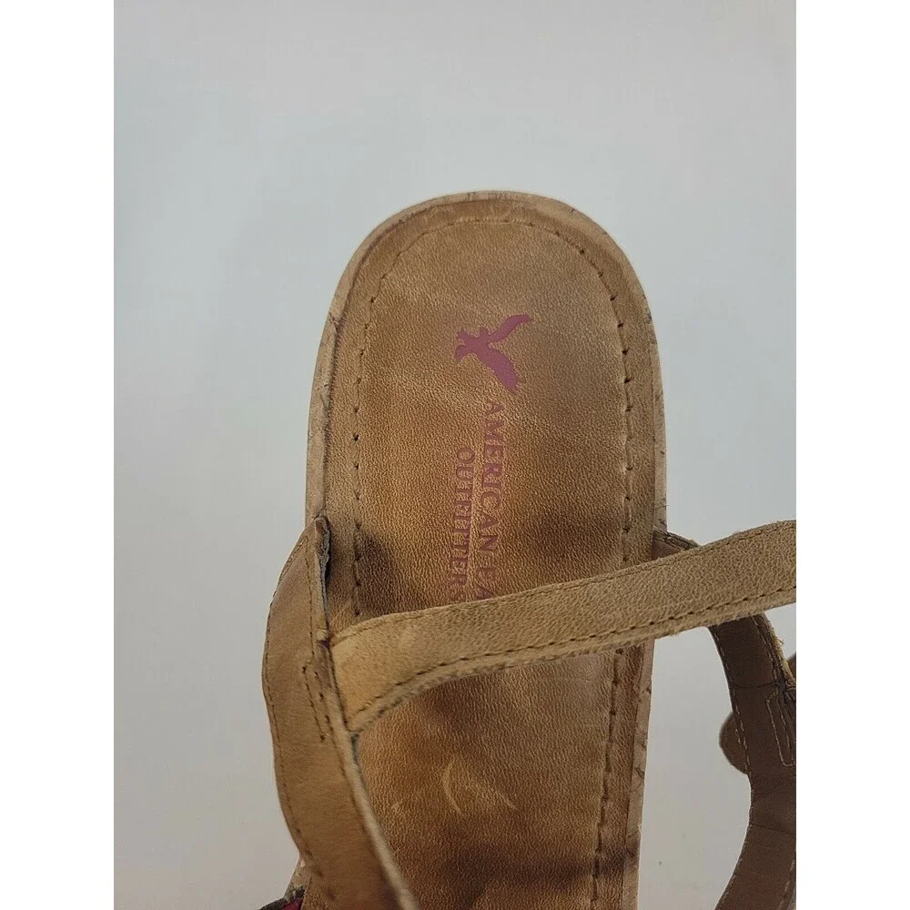 American Eagle Women's T-Strap Wedge Sandals Size 9M Brown Floral Fabric Upper